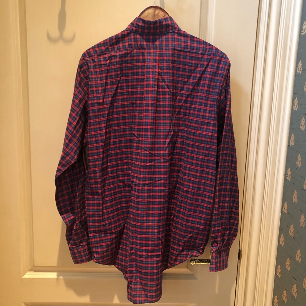 MERCER & SONS USA Pinpoint Tartan Red and Navy Oxford Check Shirt, 15.5 x 35 - Picture 2 of 10